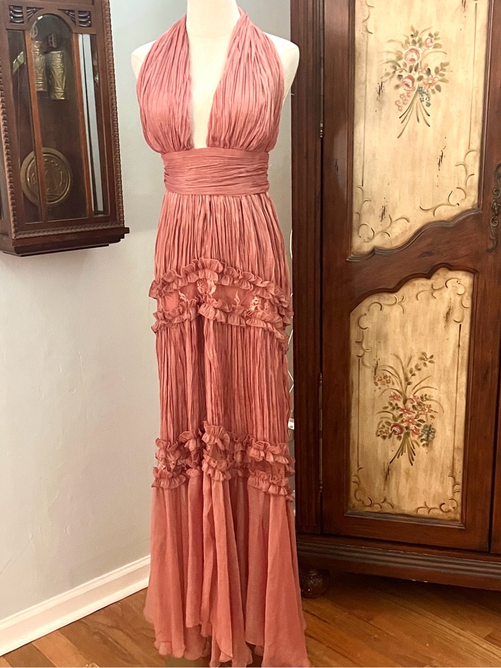 Meghan LA Rosa Tiered Dress Dusty Rose Crinkle Chiffon Boho Romantic Size 4/S - Picture 7 of 10